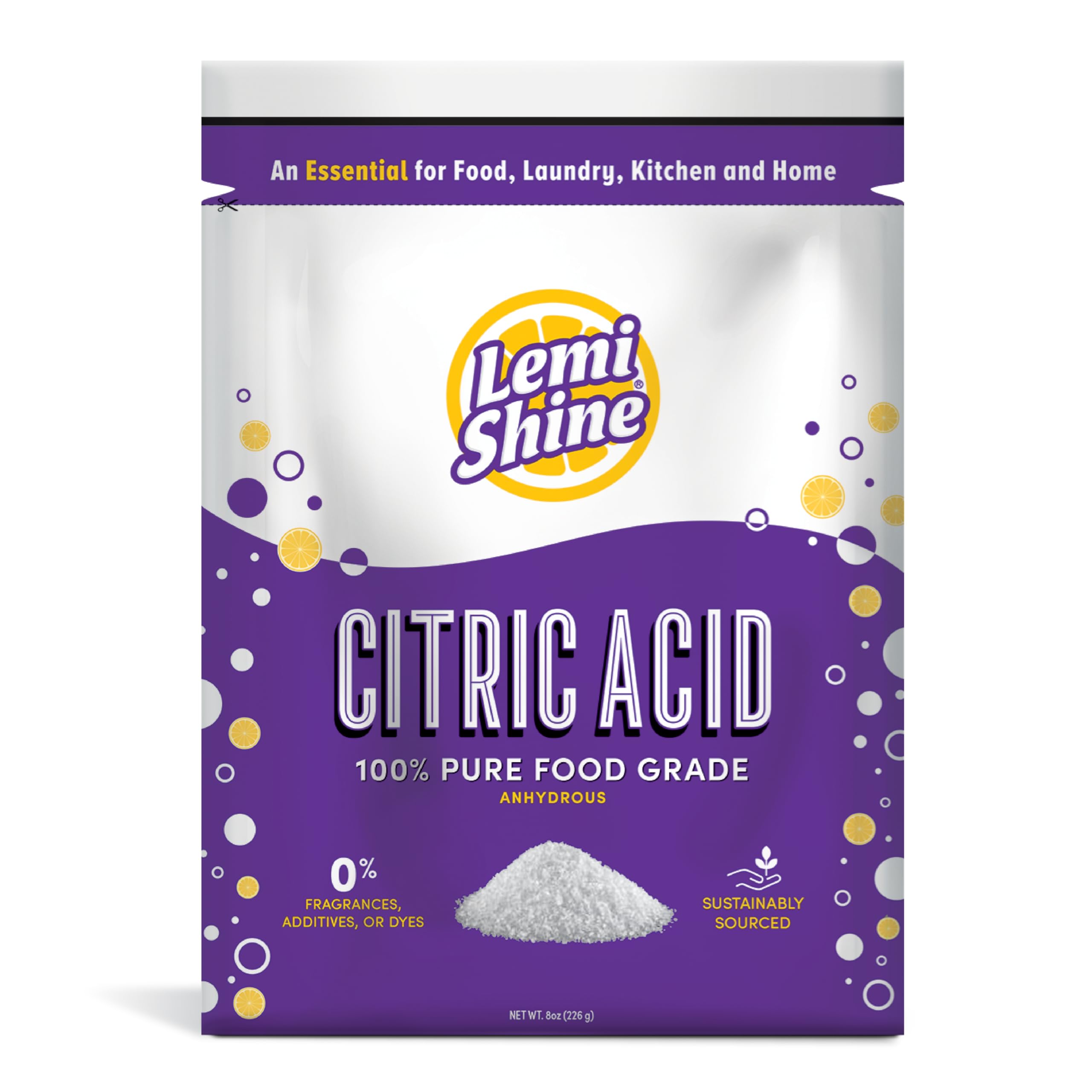 Lemi Shine citric acid powder bag front for pantry use and canning.