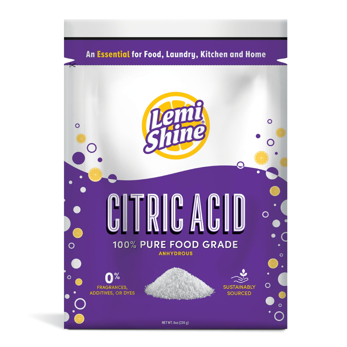 Lemi Shine citric acid powder bag front for pantry use and canning.