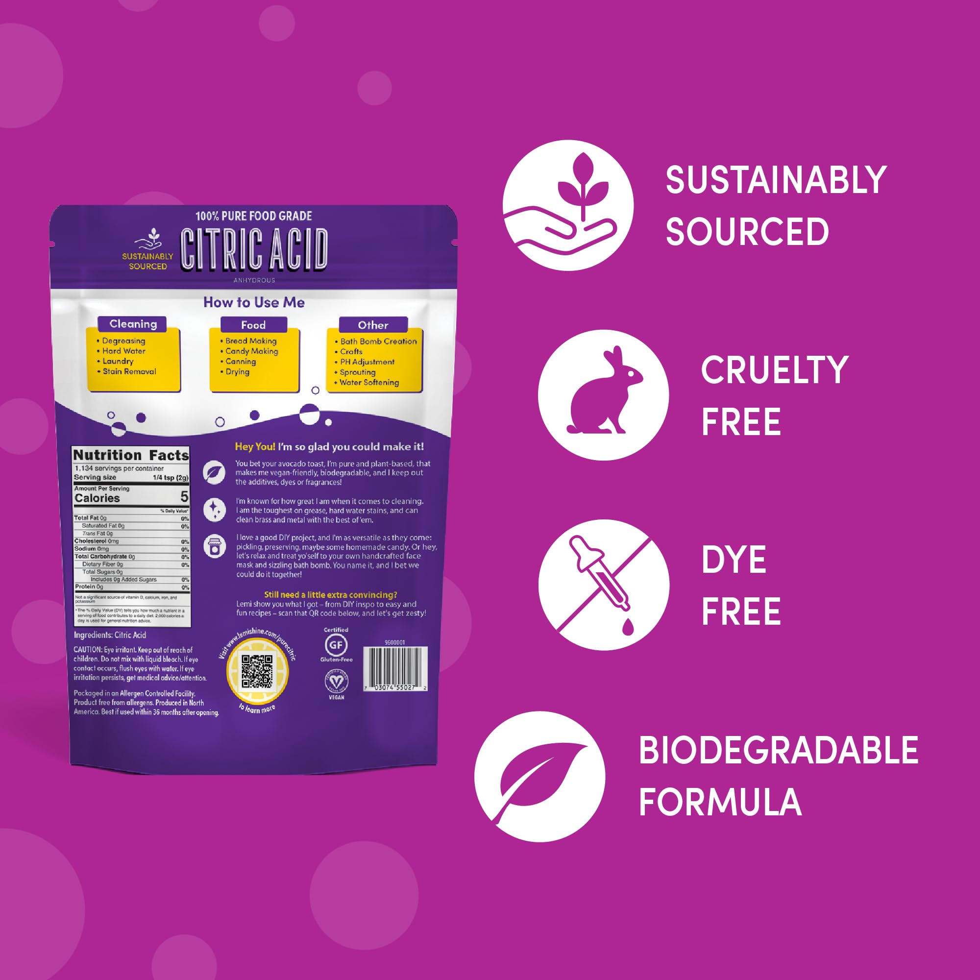 Lemi Shine available in 8oz, 5lb, and 50lb sizes.