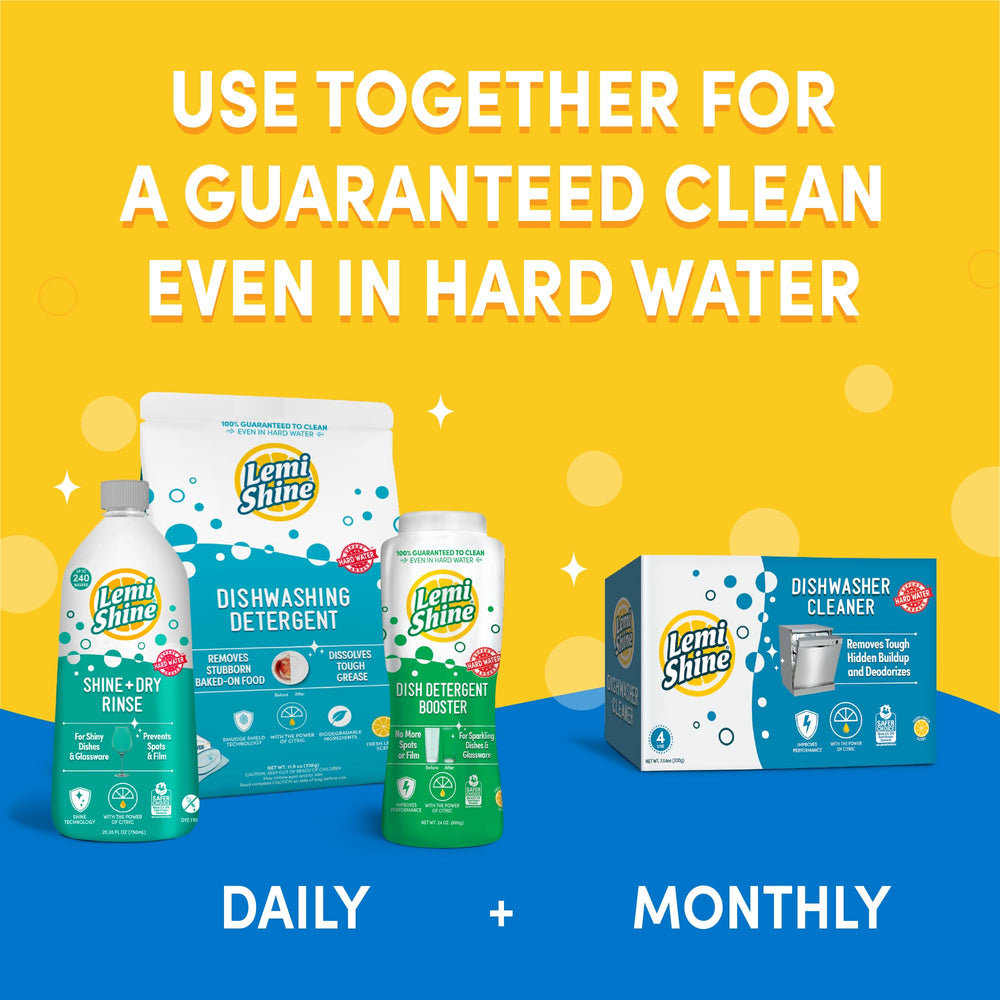 No towel needed as dishes dry spot-free after using Lemi Shine.
