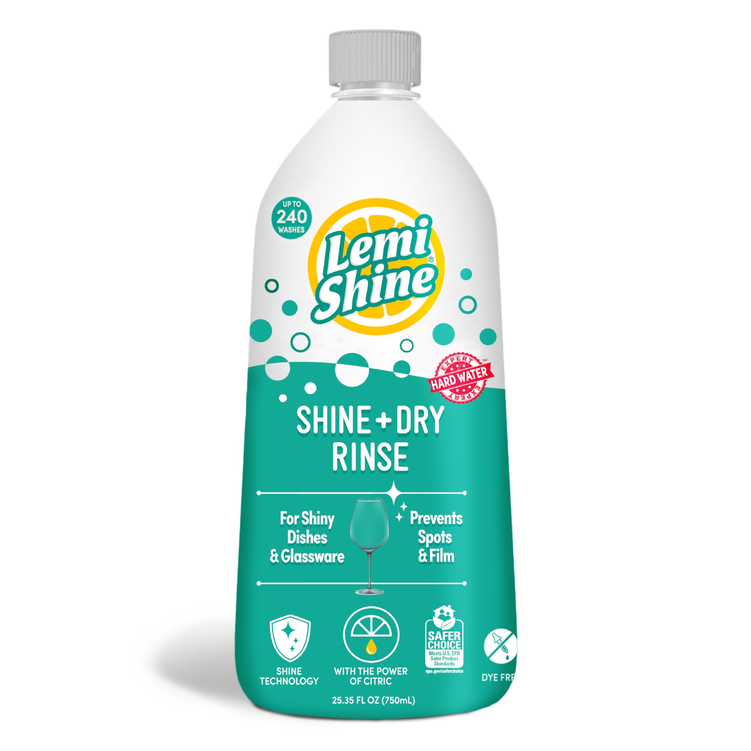Lemi Shine Shine & Dry bottle close-up for powerful rinse aid that fights streaks.