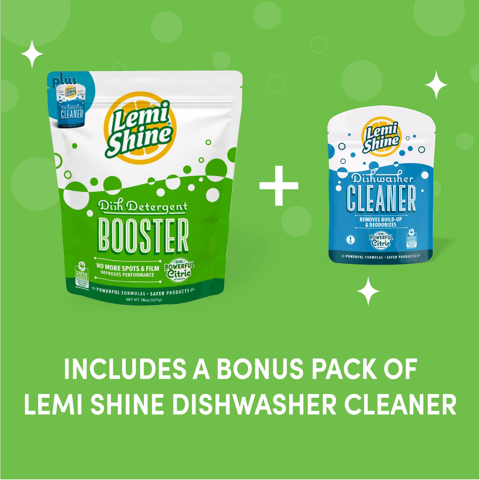 Lemi Shine hard-water-stain-removal bottle with clean dishes