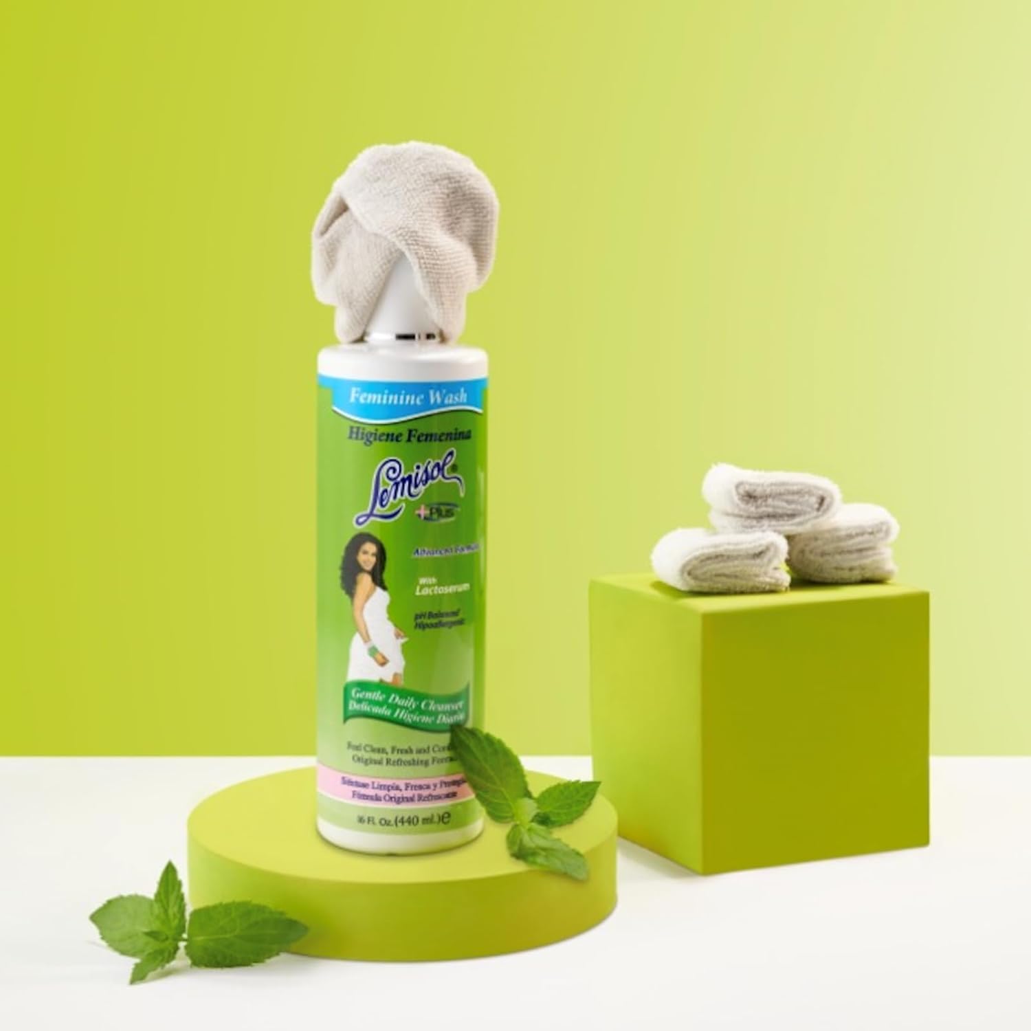 Lemisol Feminine Wash usage scene in bathroom conveys daily cleansing ritual.