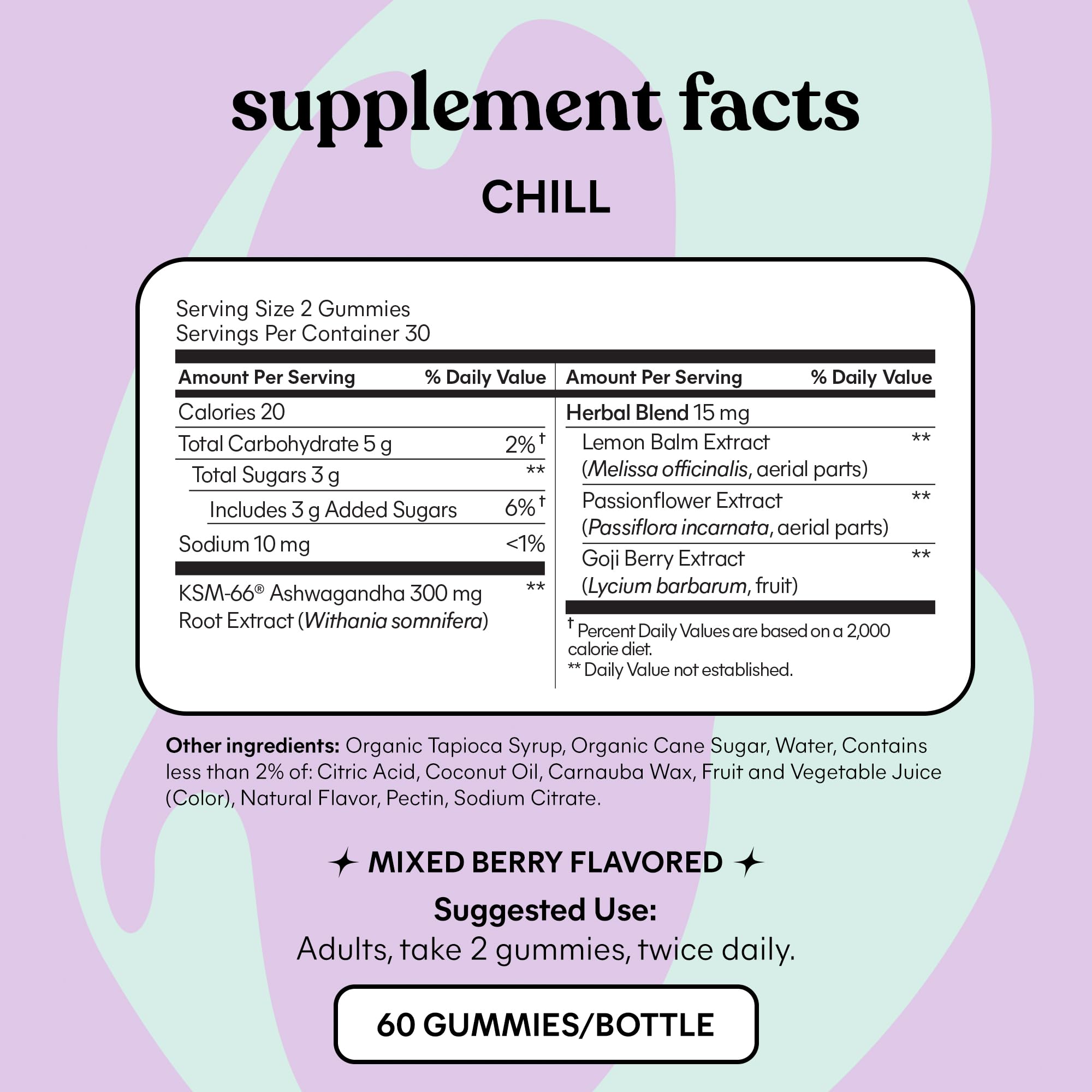 Lemme Chill ingredients panel features KSM-66 Ashwagandha for daily relaxation routines.