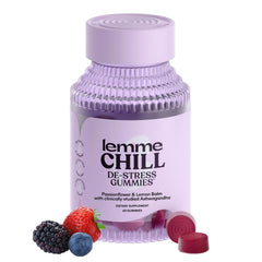 Lemme Chill bottle front shows gluten-free stress-relief gummies for calmer days.