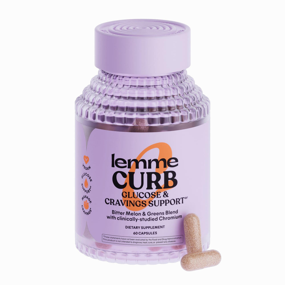Lemme Curb Cravings bottle pour shows capsules for mindful snacking support.