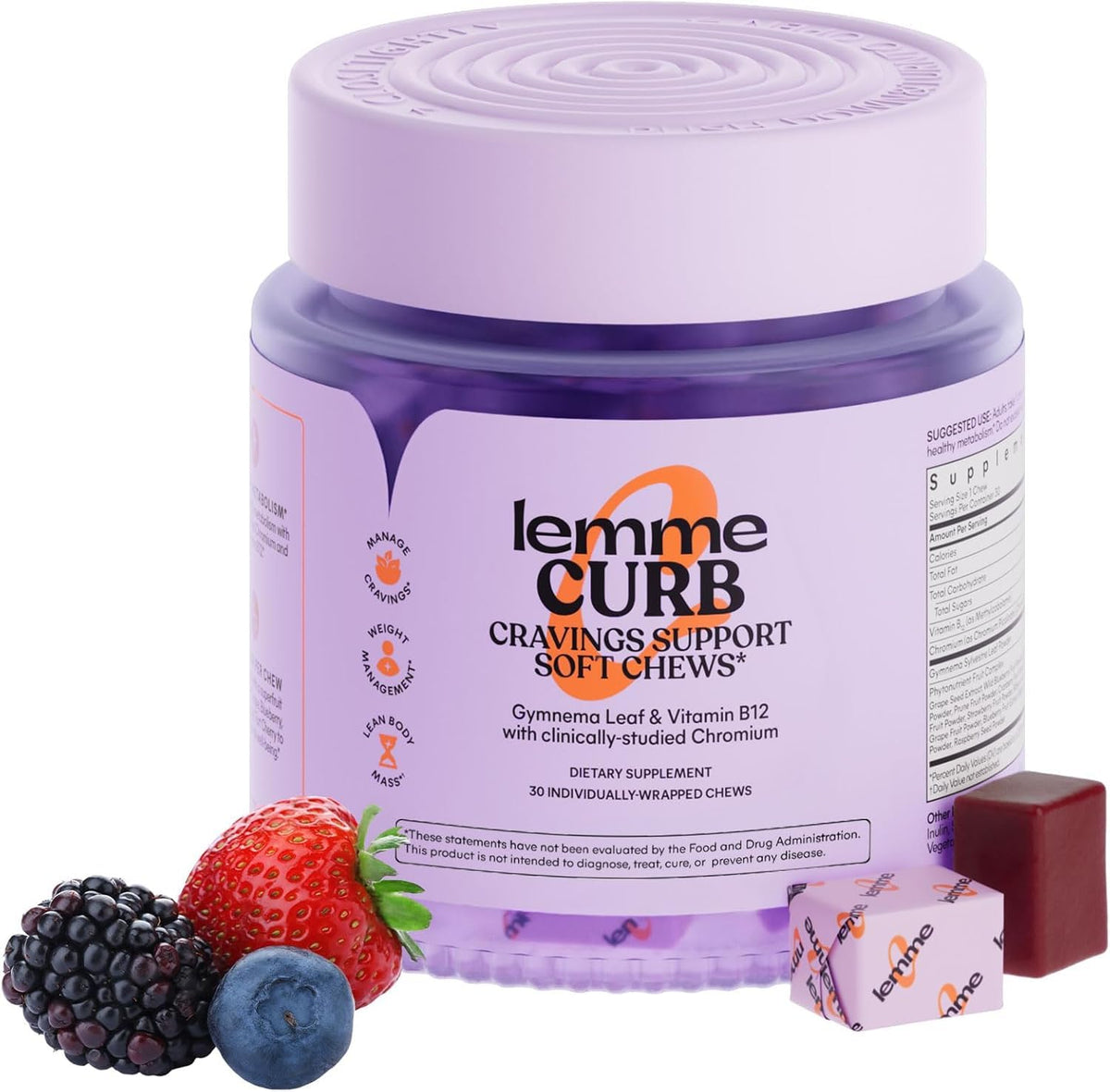 Lemme Curb Cravings soft chews bottle showing a tasty, convenient appetite management option.