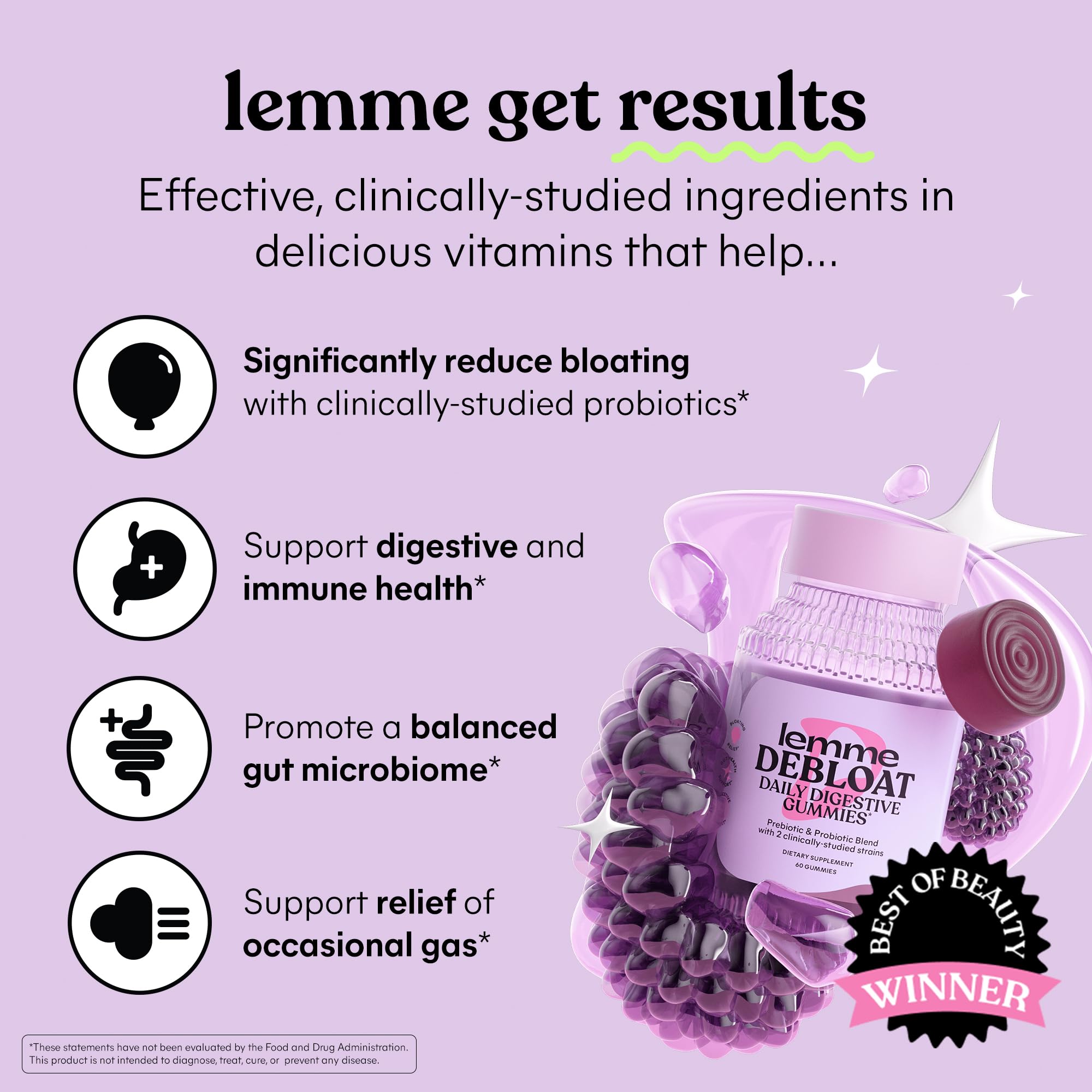 Lemme Debloat gummies bottle back shows ingredients and gluten free claim.