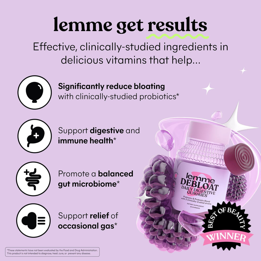 Lemme Debloat gummies label closeup highlighting ingredients