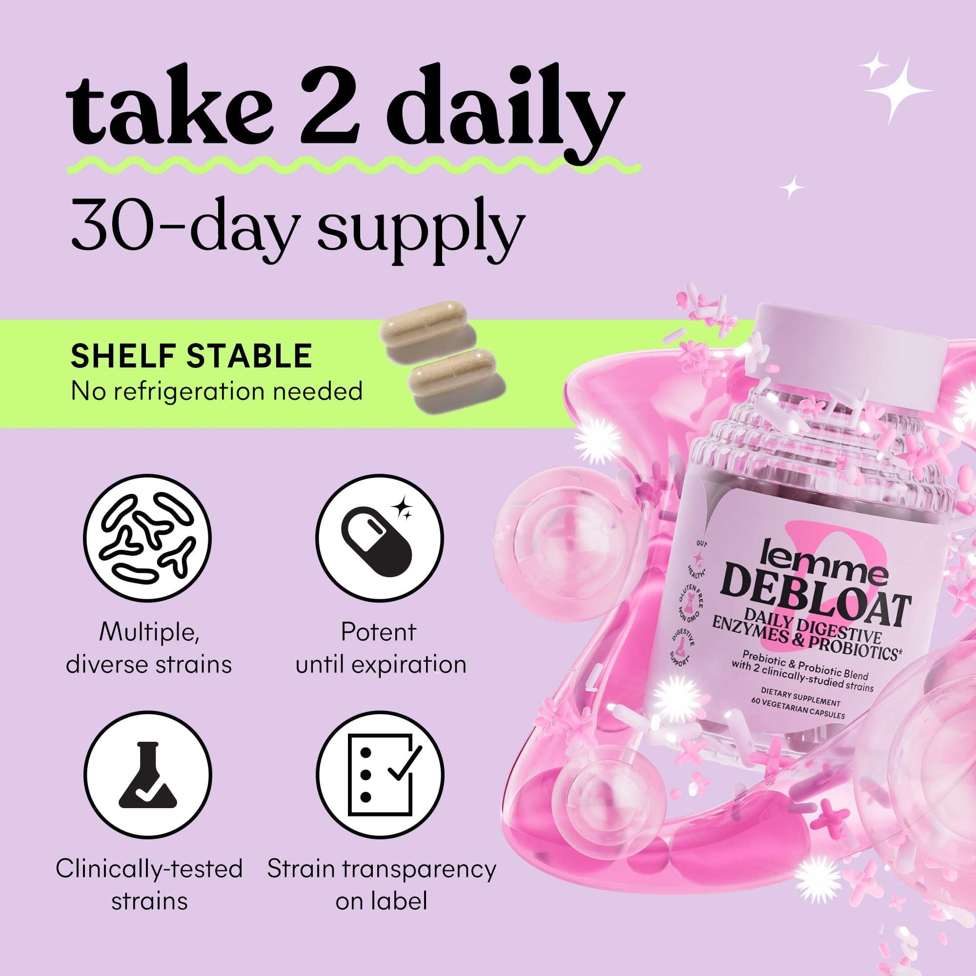 Lemme Debloat packaging emphasizes probiotic survival and enzyme power for gut balance.