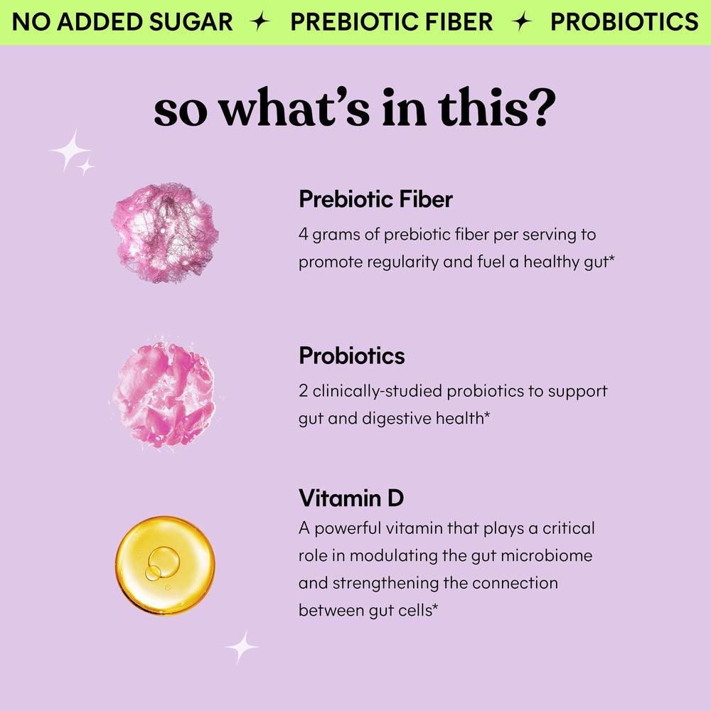 Lemme ingredients panel featuring prebiotic fiber and probiotic strains.