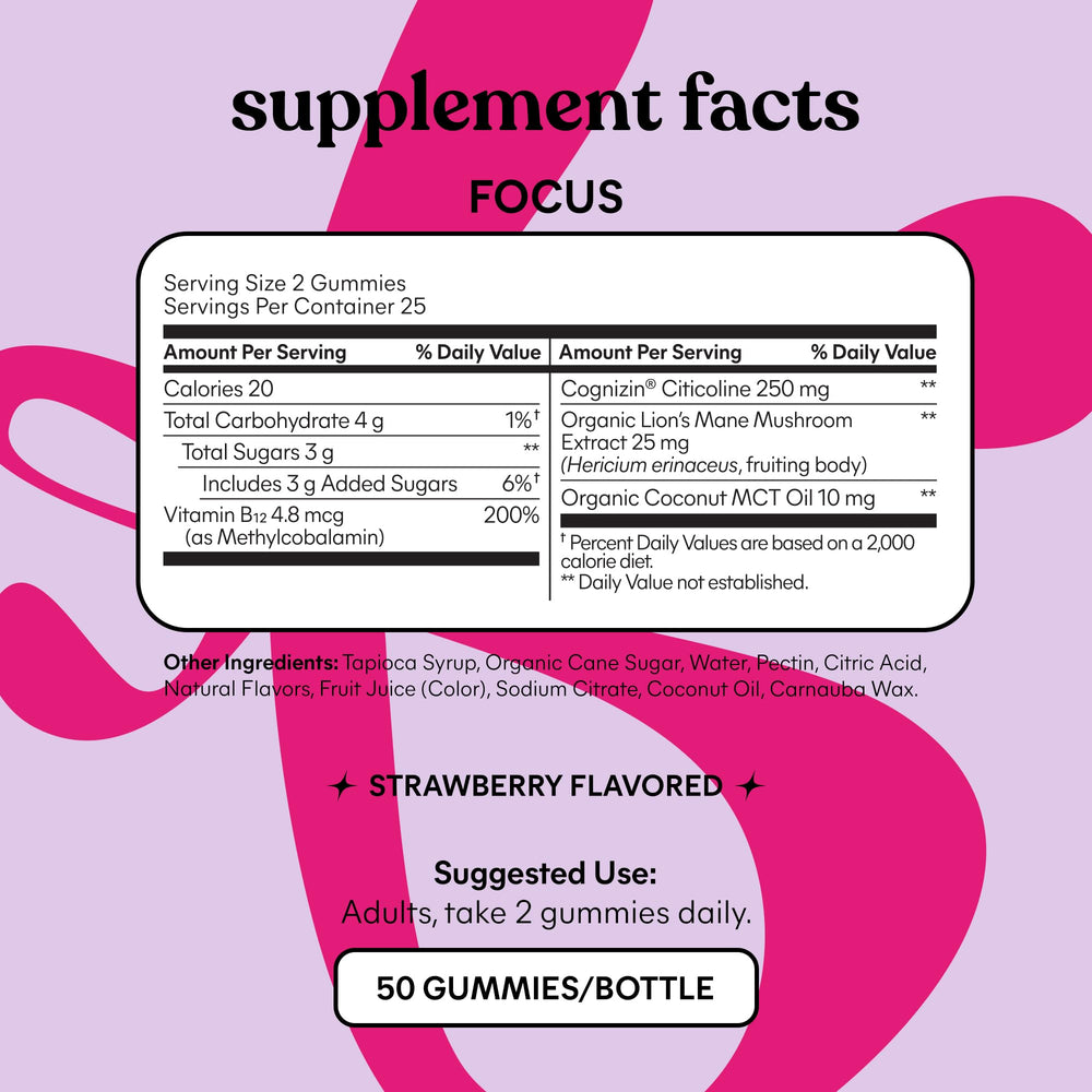 Lemme Focus jar with gummies signaling vegetarian, non-GMO formulation.