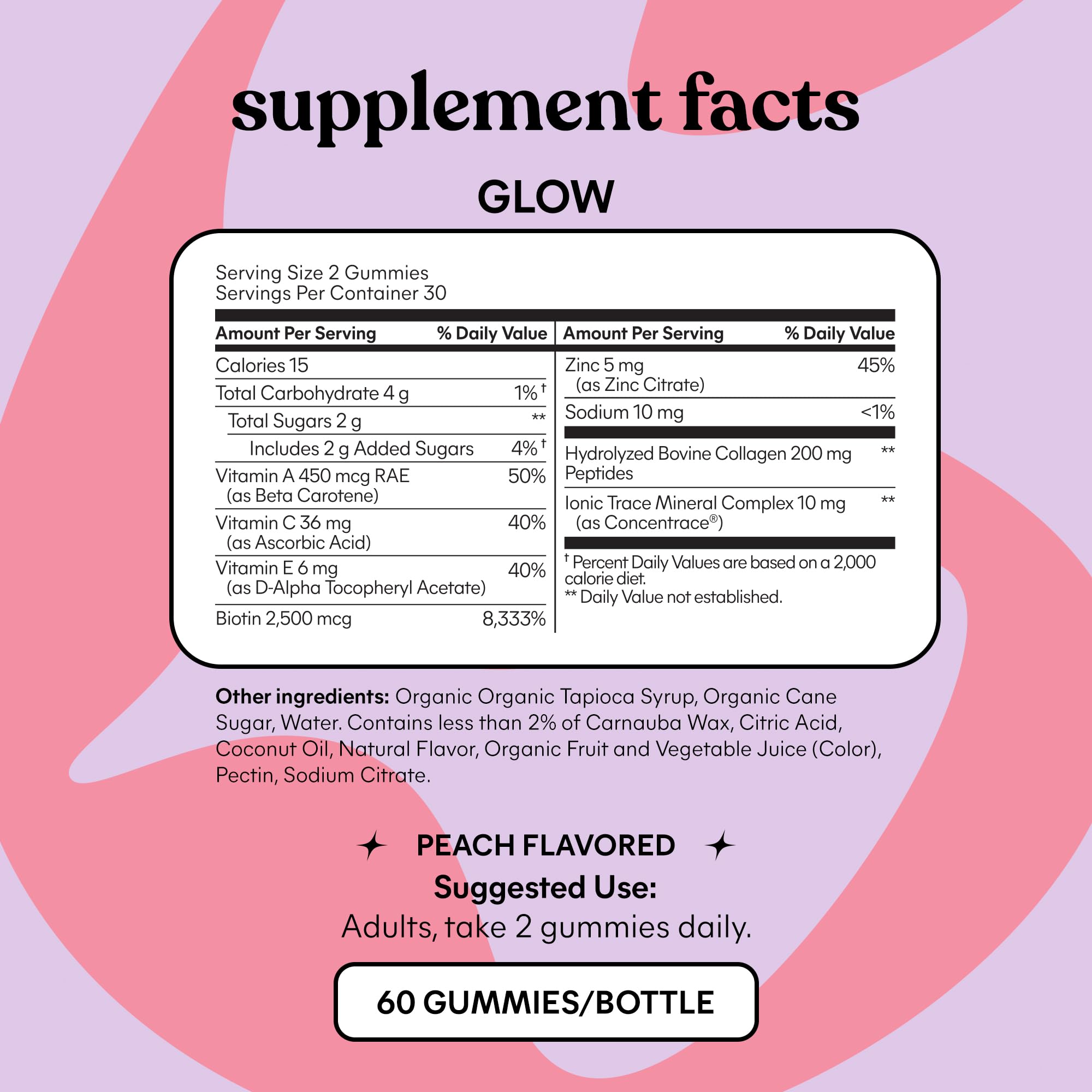 Lemme Glow final bottle with label and peach gummies arranged for lifestyle use.