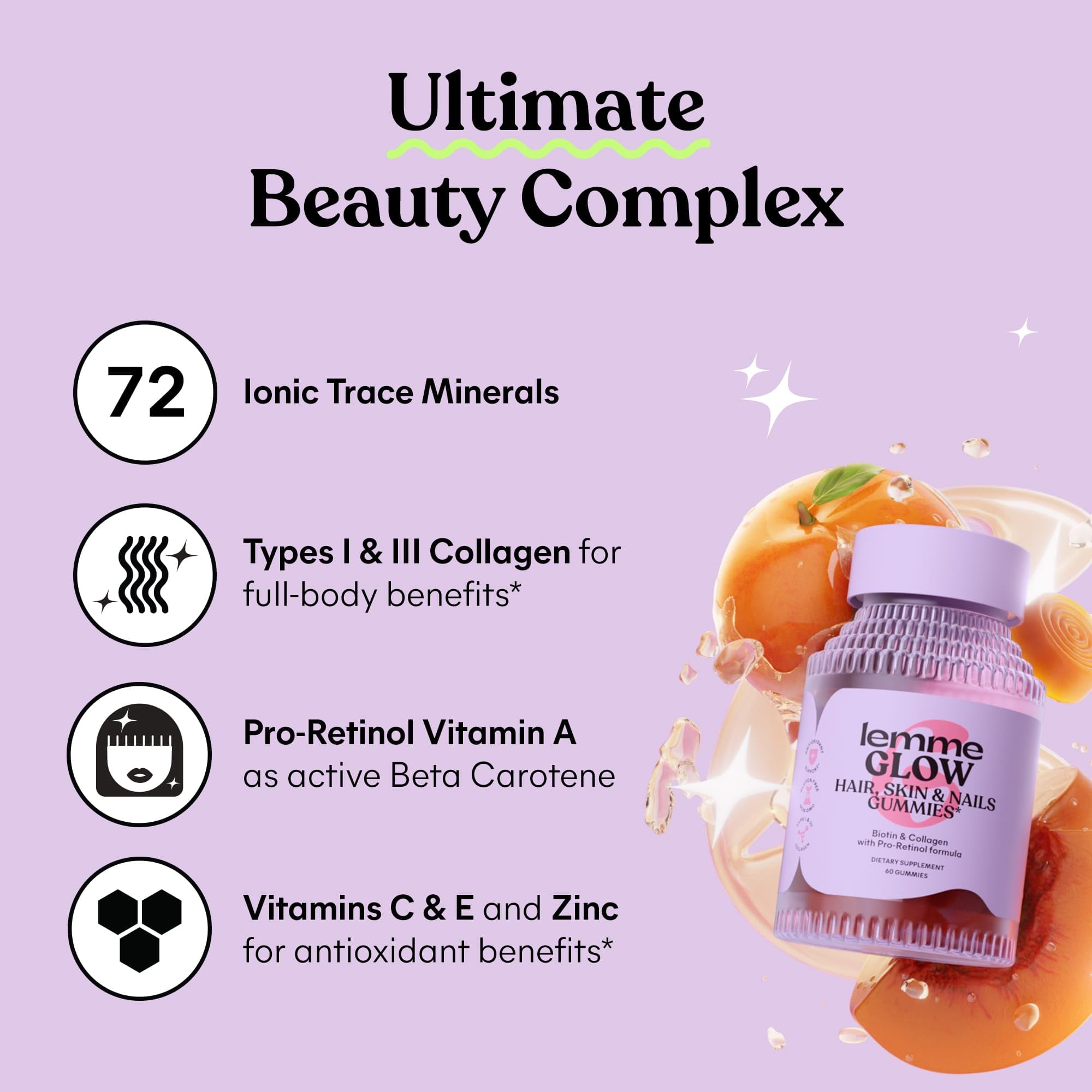 Lemme Glow ingredient panel shows trace minerals for overall skin and hair health.