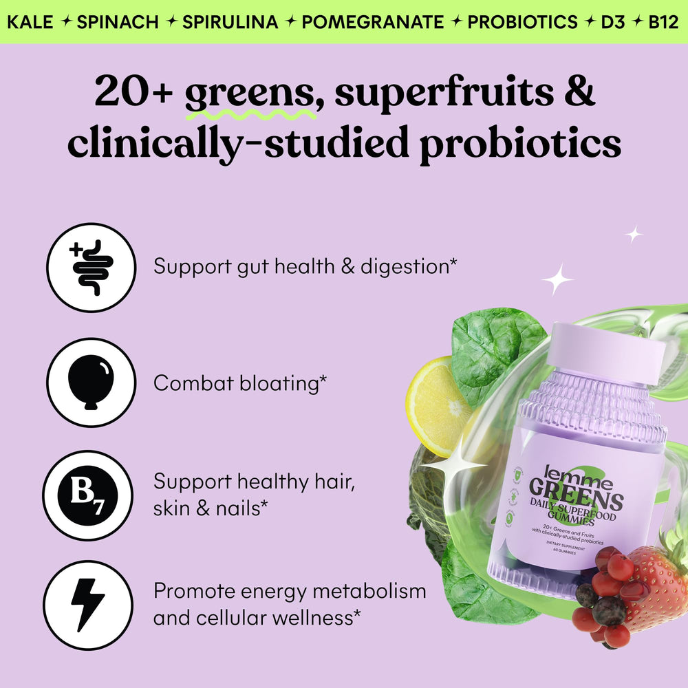 Lemme Greens gummies close-up highlights the berry texture and easy daily supplementation.