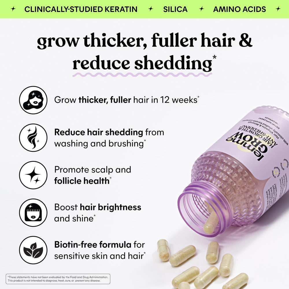 Lemme Grow Hair capsules close-up on the label highlighting Keratin Complex benefits