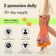 Close-up of orange-flavored gummies for daily immune support from Lemme.