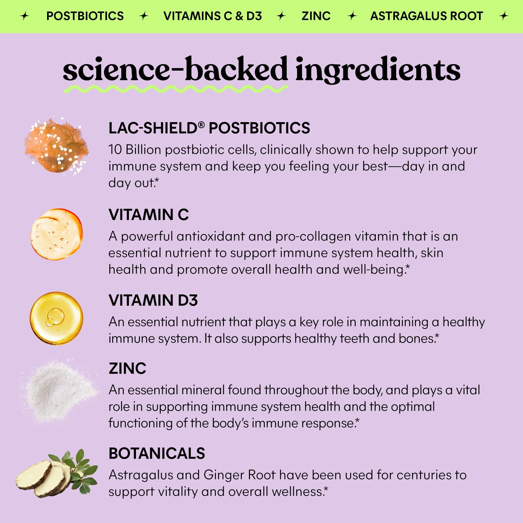 Lemme Immunity Postbiotic Gummies ingredients panel featuring Lac-Shield postbiotics.