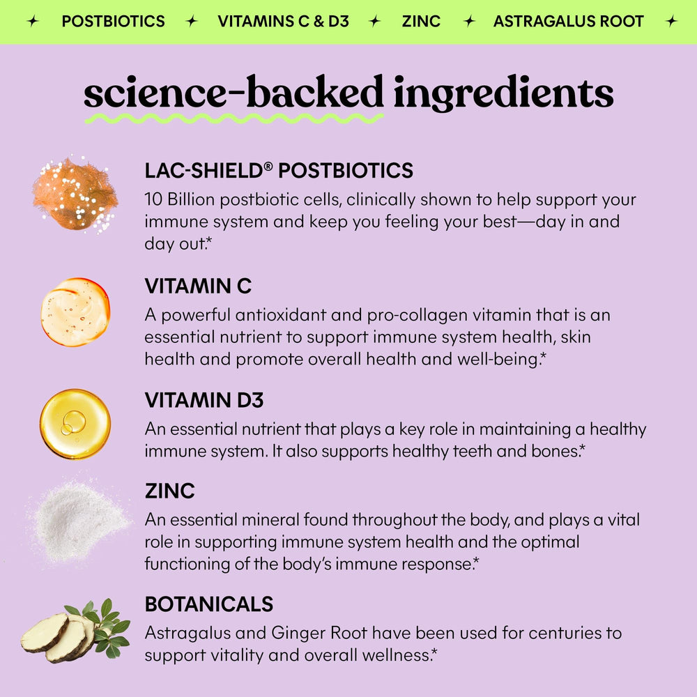 Lemme Immunity Postbiotic Gummies ingredients panel featuring Lac-Shield postbiotics.