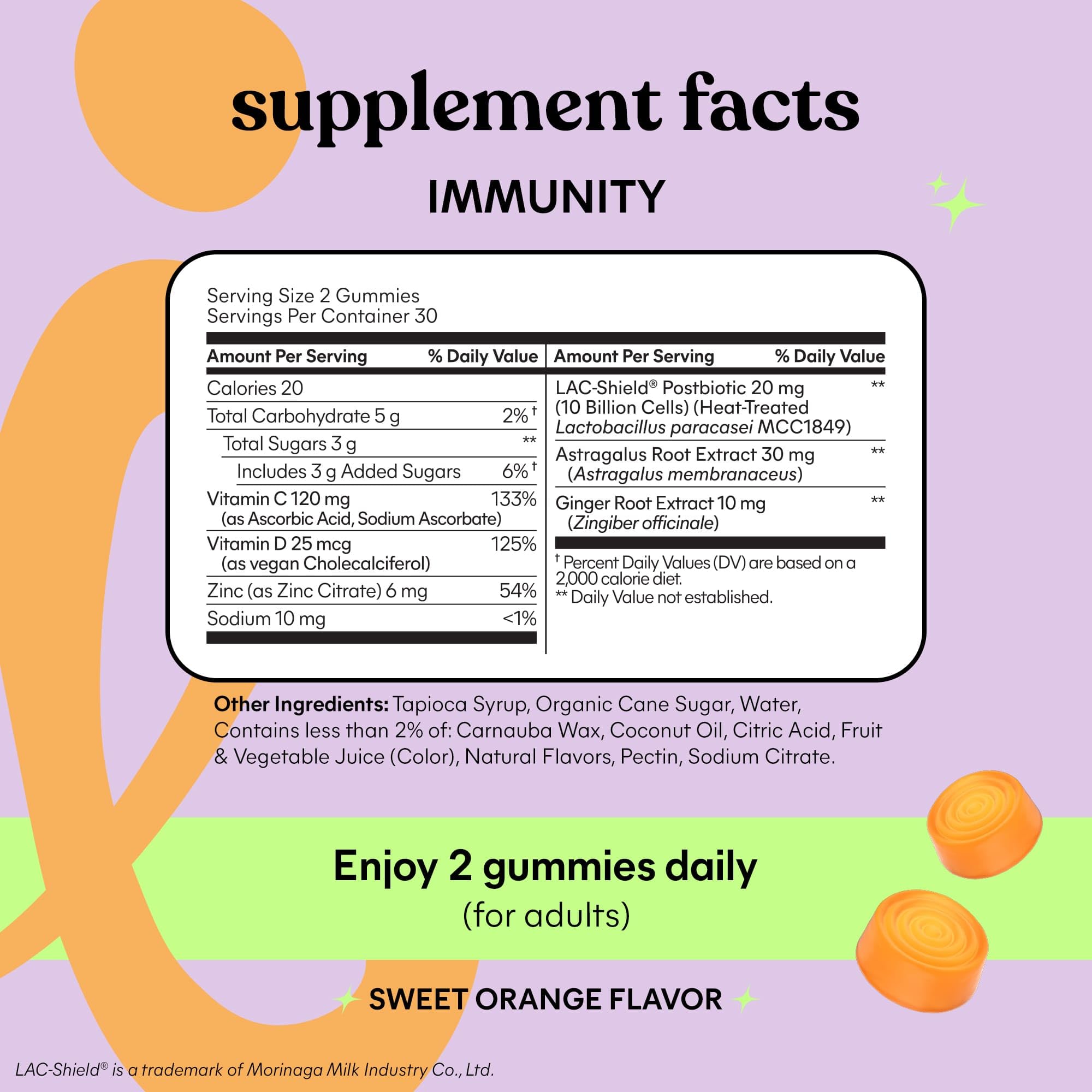 Packaging of Lemme Immunity Postbiotic Gummies highlighting vegetarian and gluten-free features.
