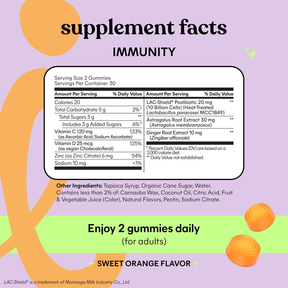 Packaging of Lemme Immunity Postbiotic Gummies highlighting vegetarian and gluten-free features.