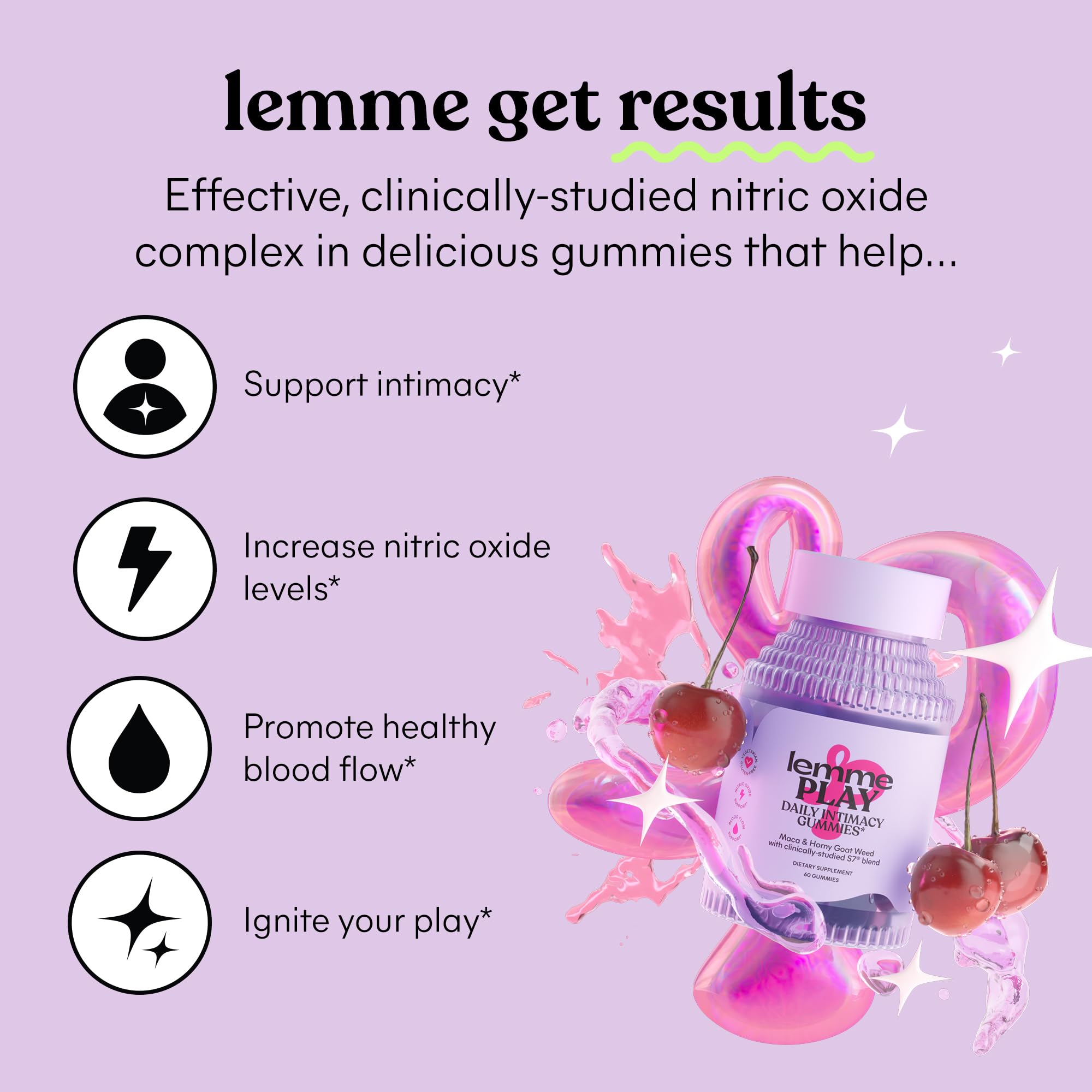 Lemme Play bottle front shows the cherry gummies for discreet daily use.