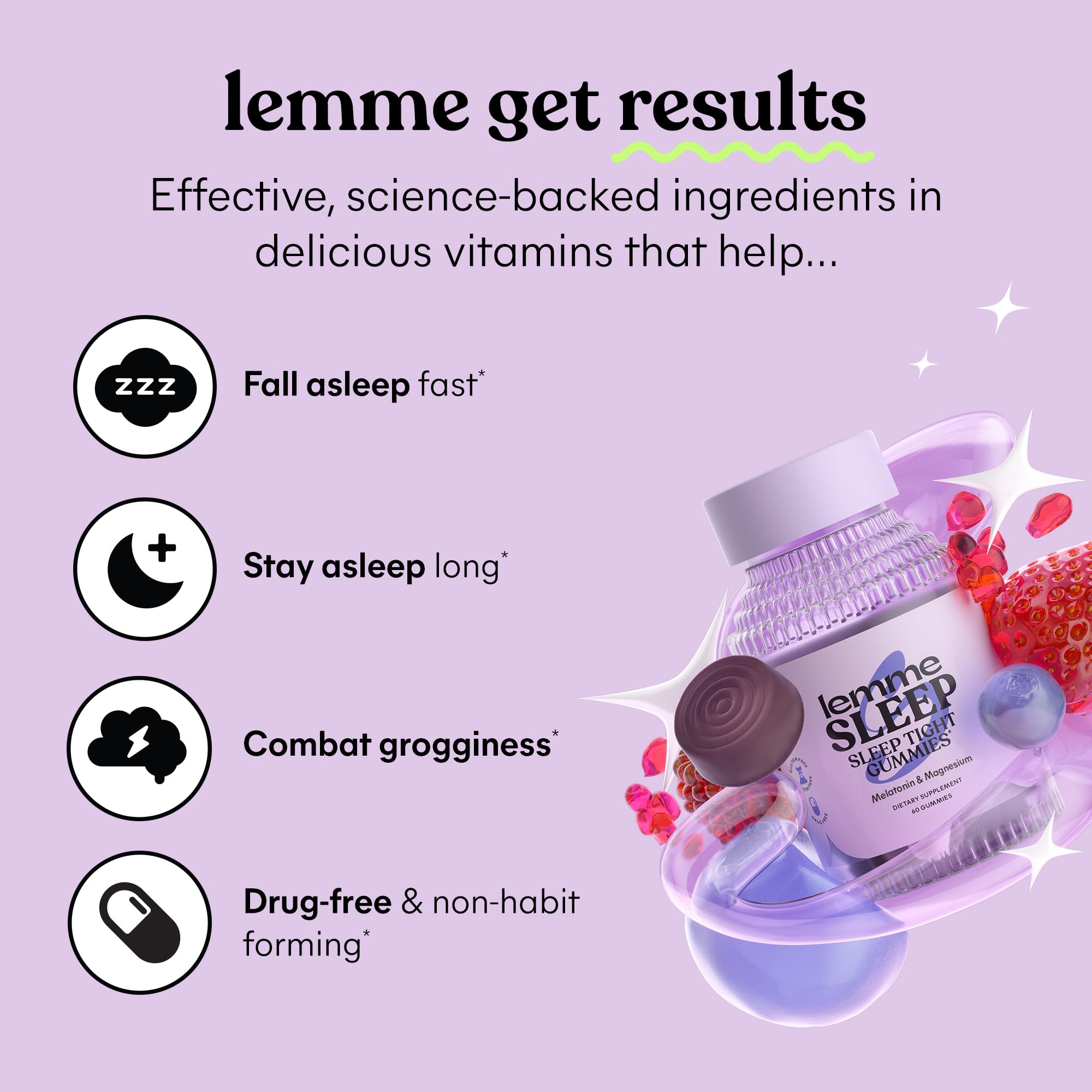 Lemme Sleep bottle closeup showing gummies for a smooth bedtime ritual.