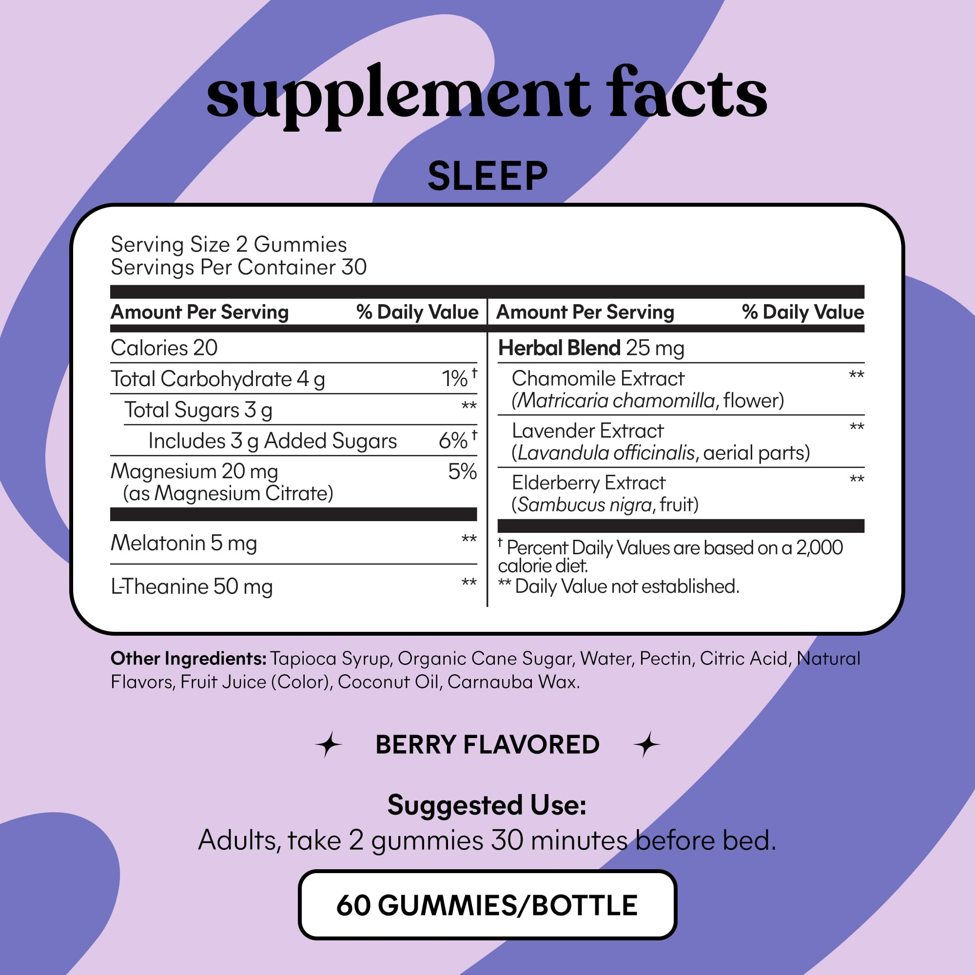 Lemme Sleep ingredients icons graphic emphasizing melatonin and calming botanicals.