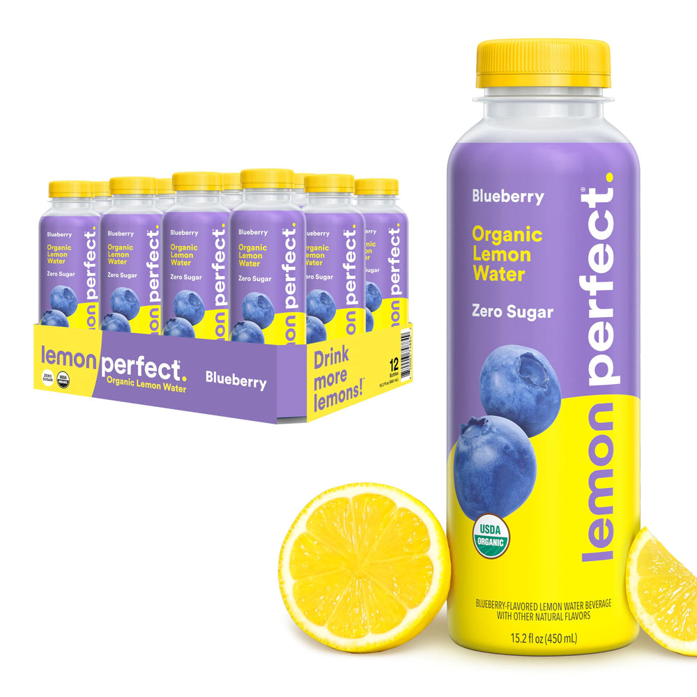Lemon Perfect Blueberry hydration bottle showing zero sugar and refreshing flavor.