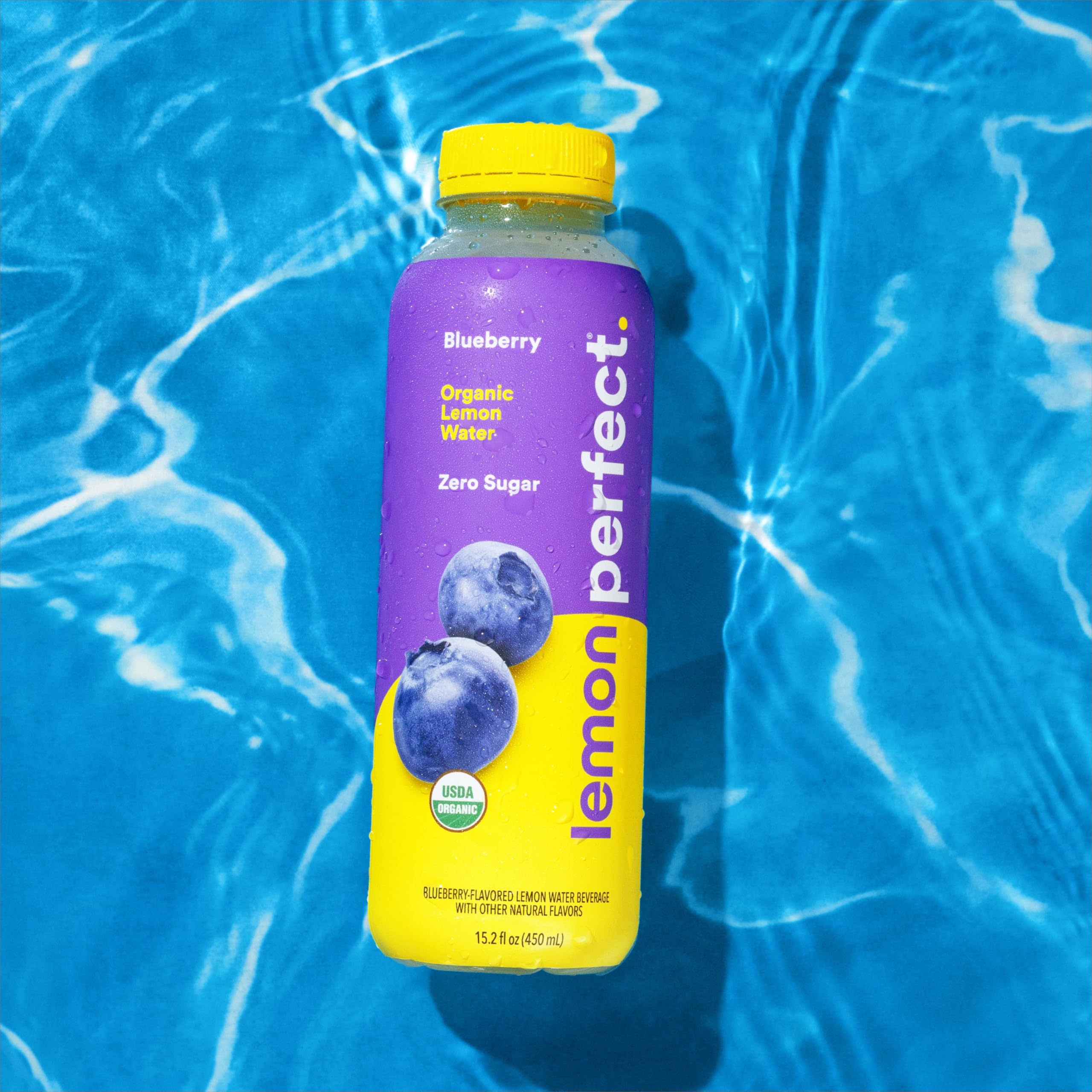 Lemon Perfect Blueberry packaging emphasizes sustainable, recyclable bottles.