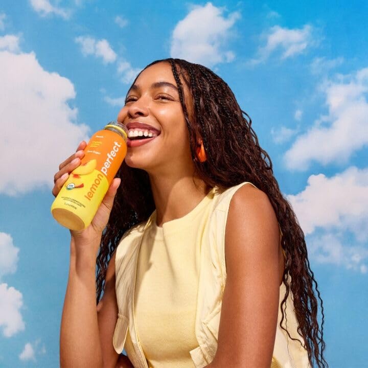 Lemon Perfect Peach bottle in fridge showcasing 12-pack packaging
