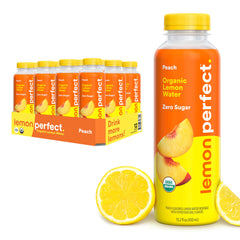 Lemon Perfect Peach bottle side view showing refreshing zero sugar hydration