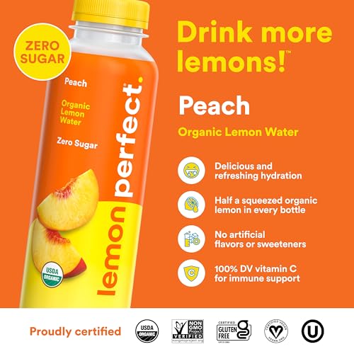 Lemon Perfect Peach ingredients graphic highlighting organic lemon juice and electrolytes