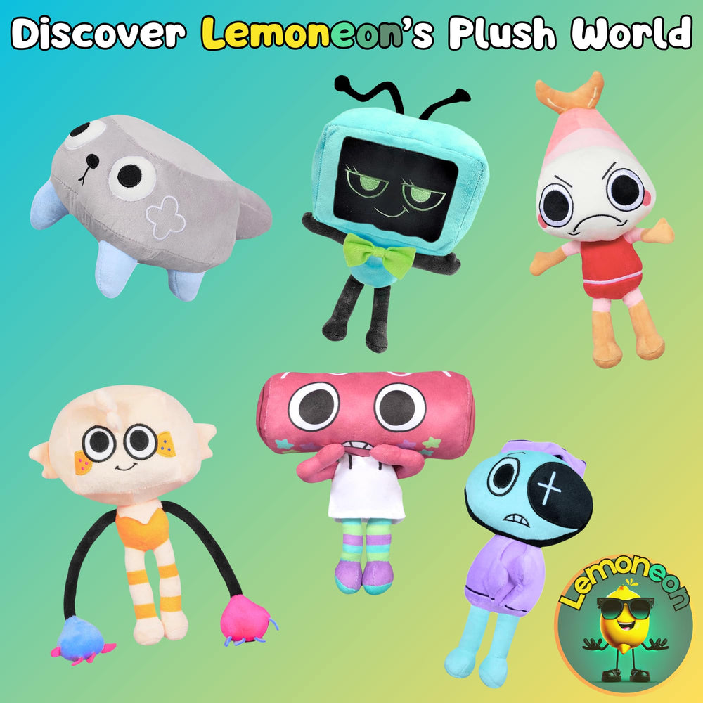 Lemoneon Vee plush on desk or shelf display.