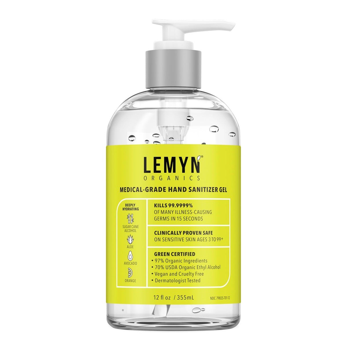 Lemyn Organics hand sanitizer front view bottle for quick on-the-go protection.