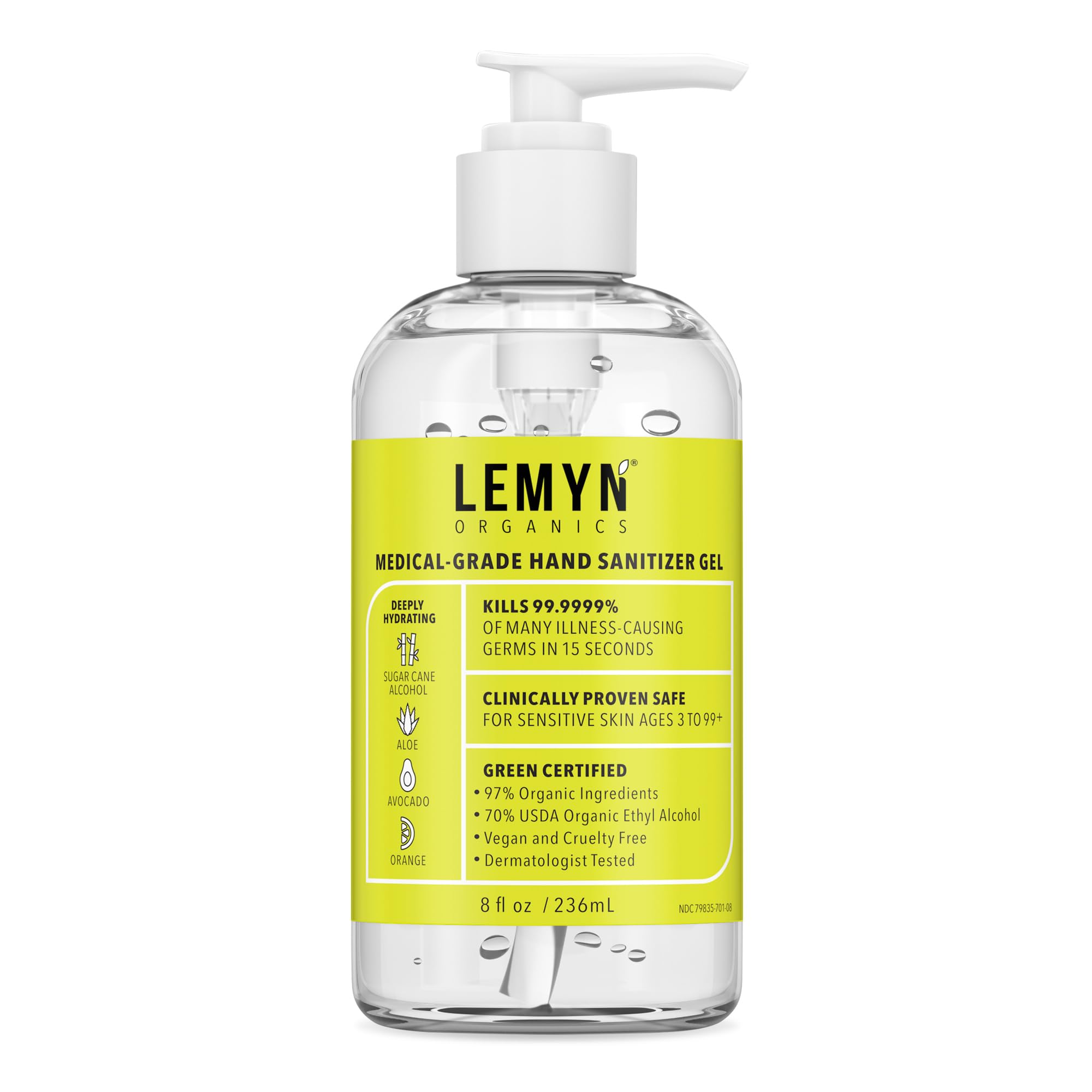 Lemyn Organics hand sanitizer pump bottle front view for quick disinfection