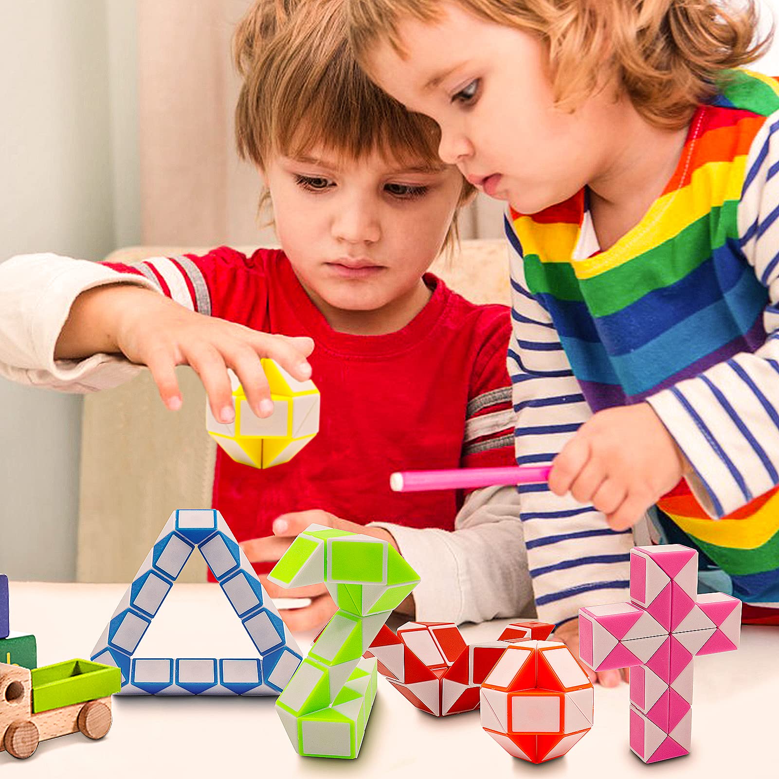 LENDOD orange-white snake cube: bright colors boost engagement and rapid shape assembly.