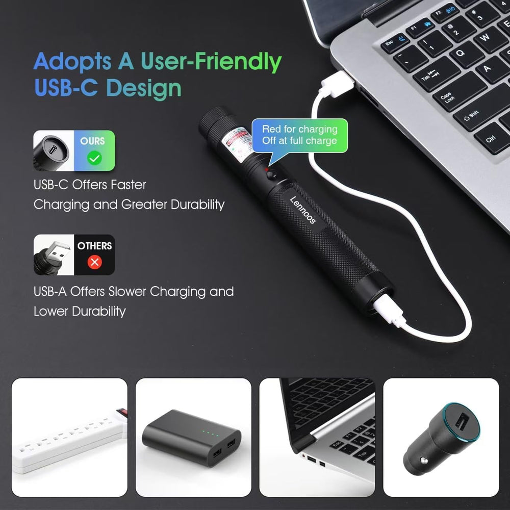 Lennoos green laser reaches distant objects in day and night use.