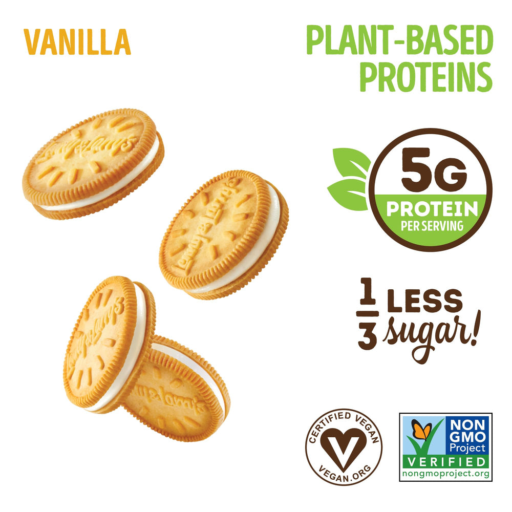 Lenny & Larry's The Complete Cremes Vanilla sandwich cookie cross-section, creamy filling and plant protein.