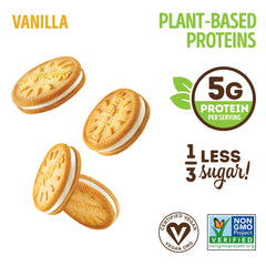 Lenny & Larry's The Complete Cremes Vanilla sandwich cookie cross-section, creamy filling and plant protein.