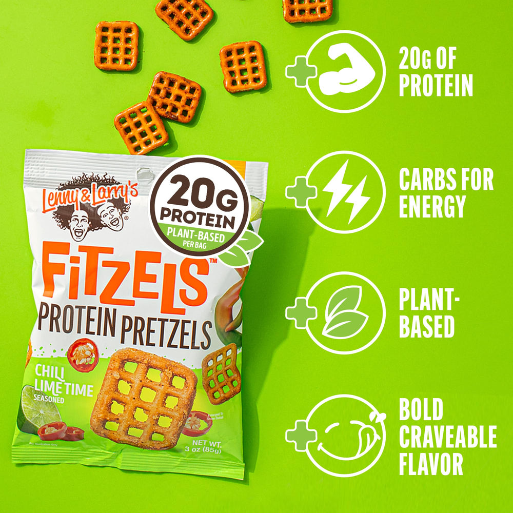 Lenny & Larry's FITZELS crunch texture close-up with bold chilli lime flavor.