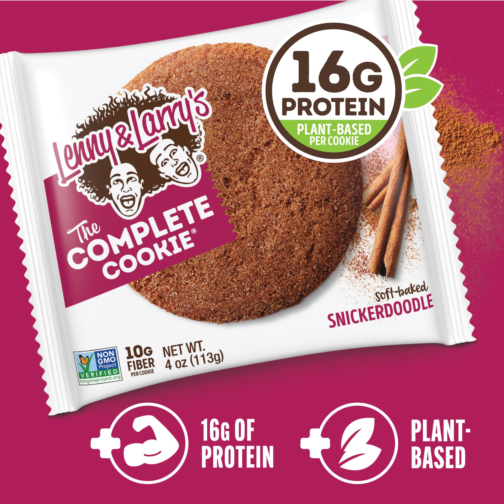 Front view of Lenny & Larry's Snickerdoodle cookie showing soft-baked texture