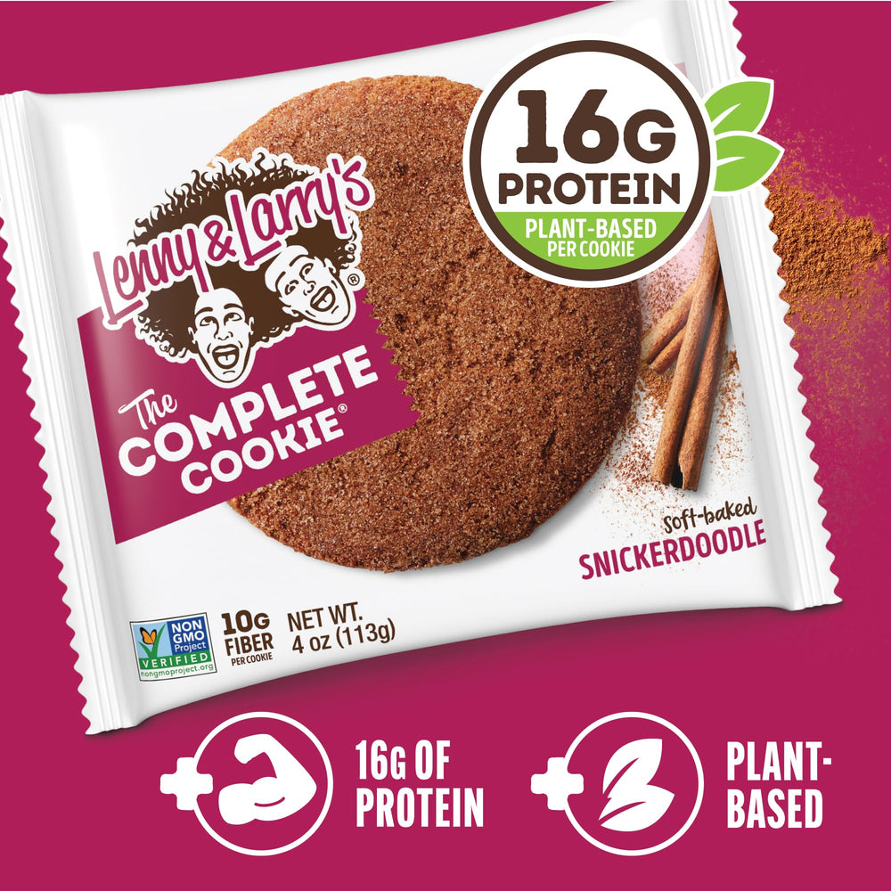 Front view of Lenny & Larry's Snickerdoodle cookie showing soft-baked texture