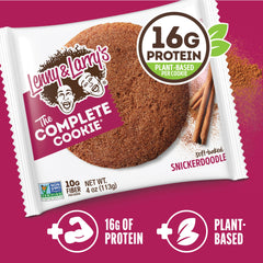 Front view of Lenny & Larry's Snickerdoodle cookie showing soft-baked texture