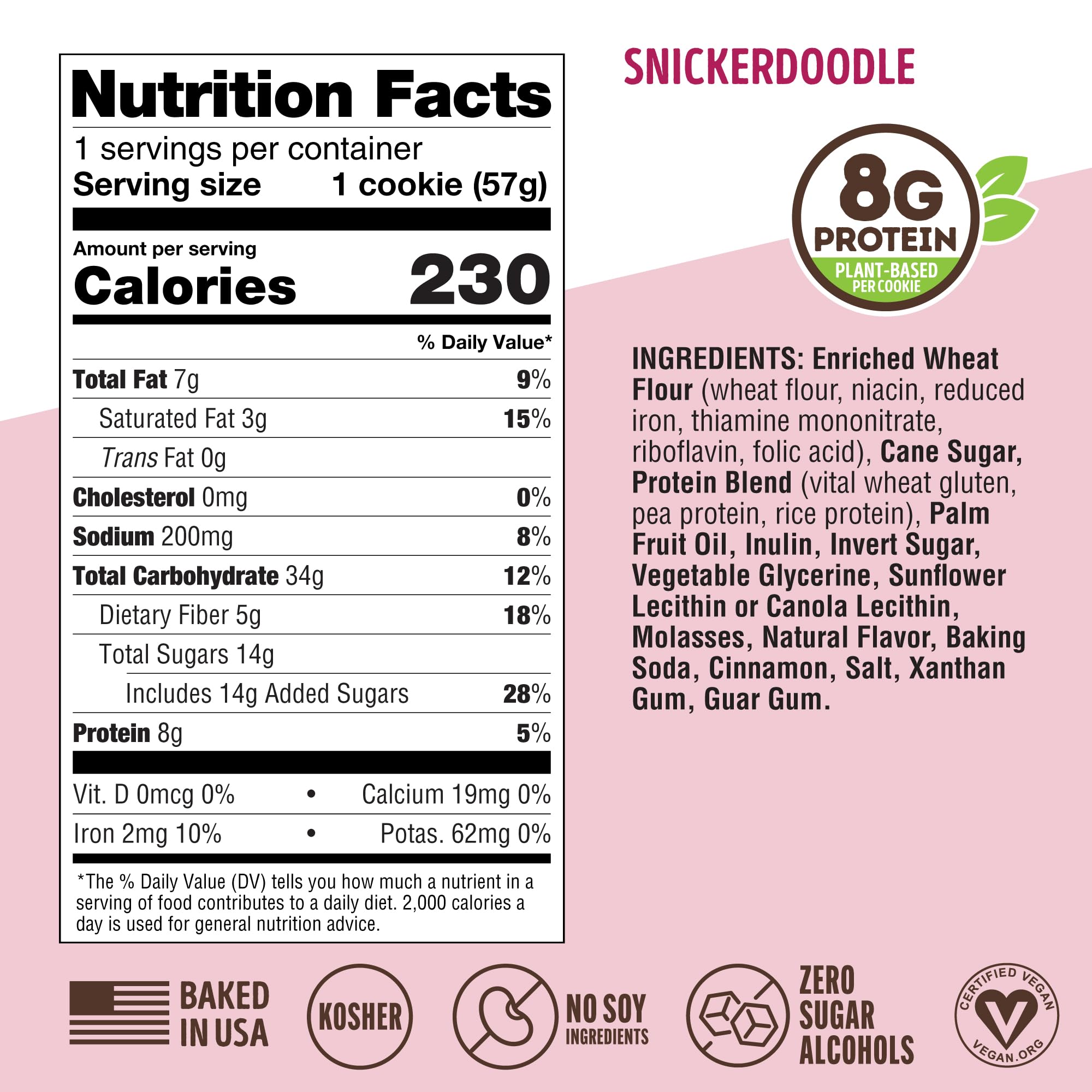 Lenny & Larry's Snickerdoodle nutrition label shows 8g protein and 5g fiber