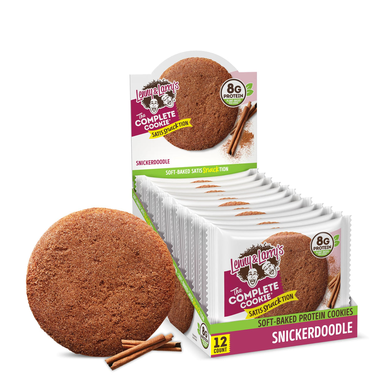 Lenny & Larry's Snickerdoodle packaging highlights vegan, protein-powered snacking on the go