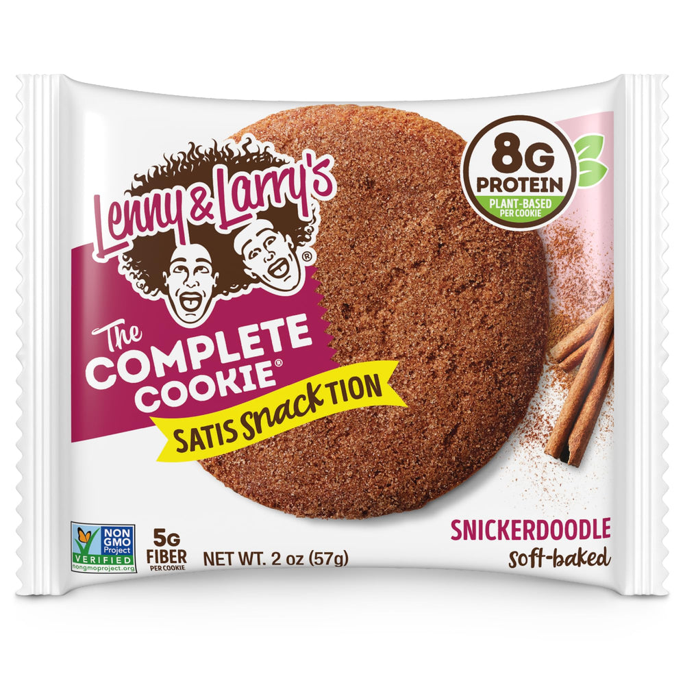 Stack of Lenny & Larry's Snickerdoodle cookies showing chewy centers