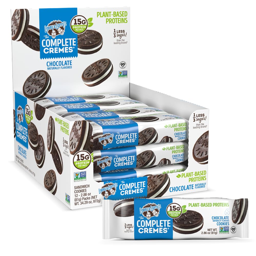 Lenny & Larry's Complete Cremes chocolate sandwich cookie, rich vegan snack with 5 g plant protein.