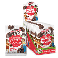Lenny and Larry's Complete Crunchy Cookie Double Chocolate bag highlights a protein-rich snack.