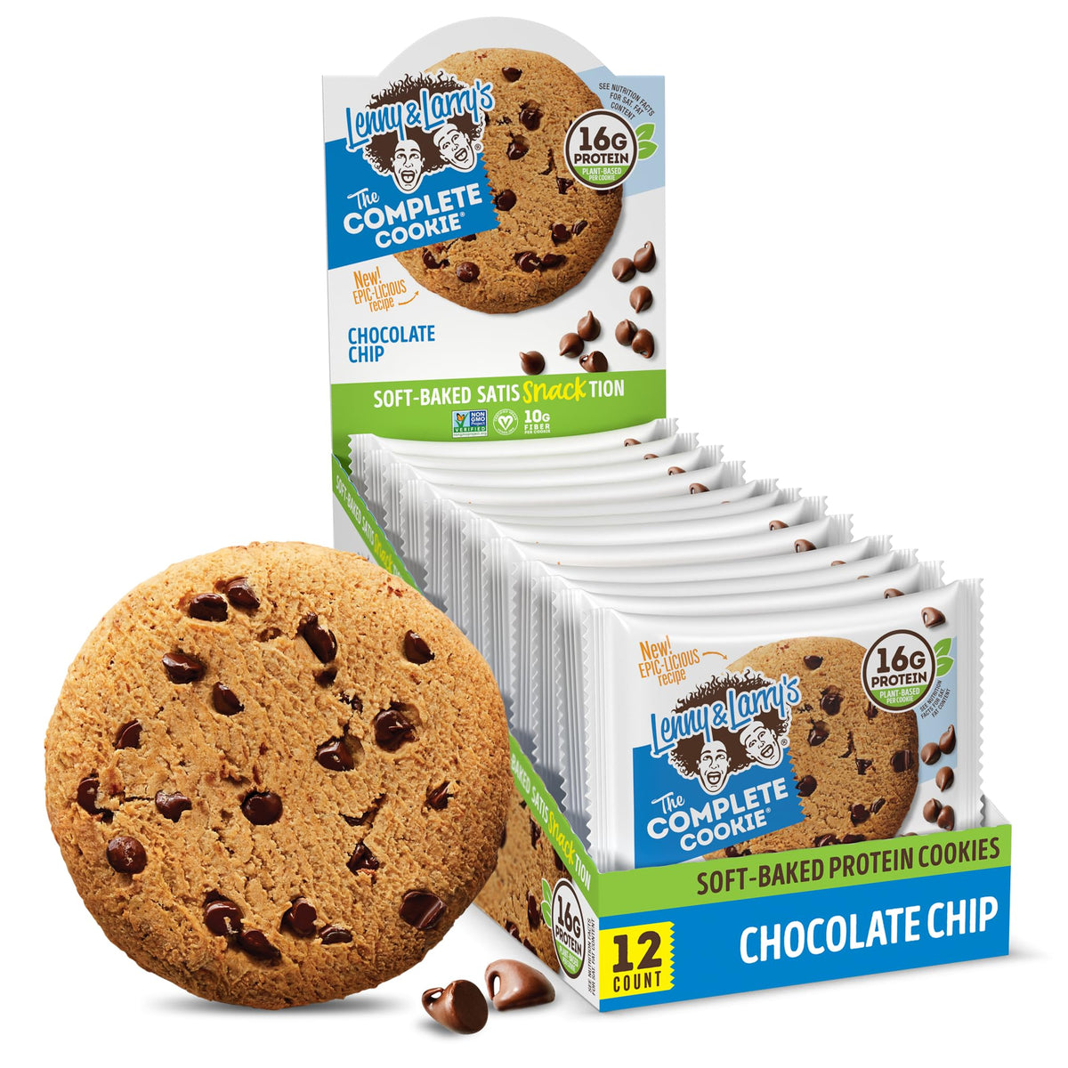 Lenny & Larry's Complete Protein Cookie chocolate chip soft-baked texture for a satisfying snack.